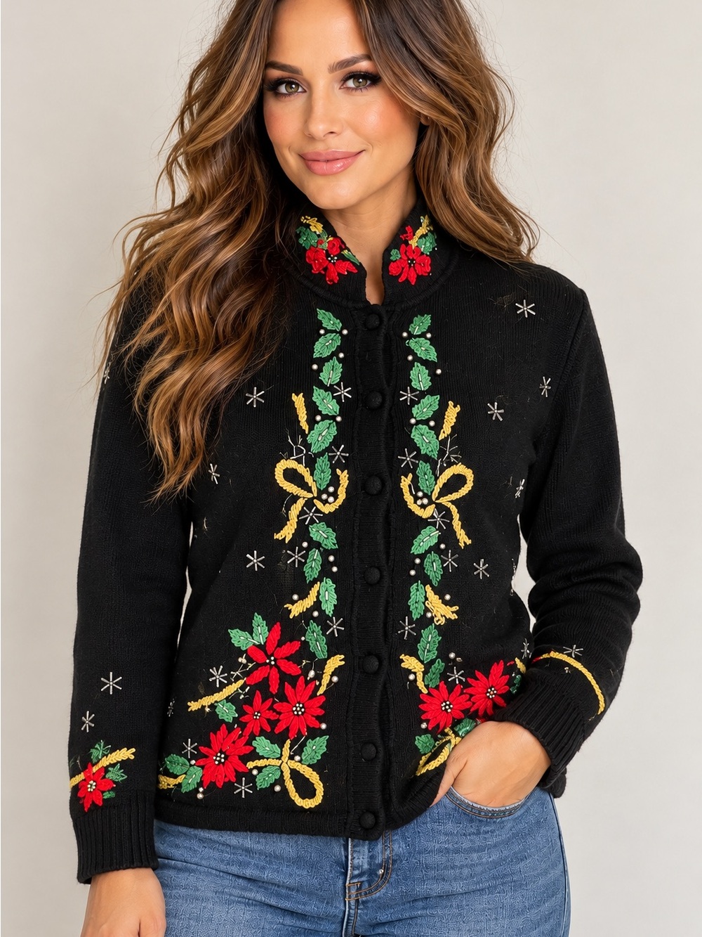 Vintage Victoria Jones Petite Christmas Cardigan Poinsettia Embroidered Beaded